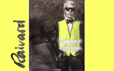 Portrait of Karl Lagerfeld in yellow jacket by Michael Raivard